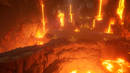 HD desktop wallpaper from the video game Palworld, depicting a volcanic lava environment.