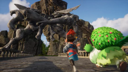 HD desktop wallpaper featuring a character and creature from Palworld video game with a dramatic statue in the background.