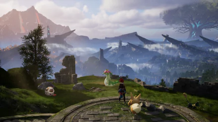 HD wallpaper featuring a Palworld video game scene with a character and creatures on a grassy hilltop overlooking a mystical landscape.