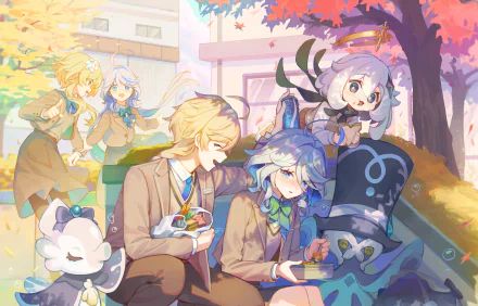 HD PC desktop wallpaper featuring Genshin Impact characters Paimon, Aether, Lumine, and Furina enjoying a peaceful moment under autumn trees.