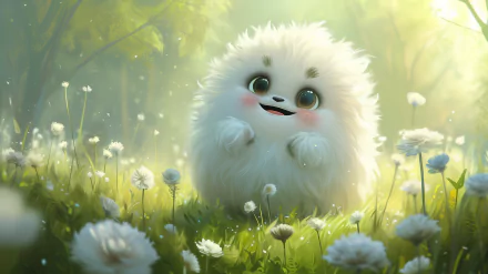 HD desktop wallpaper featuring a cute and fluffy animated creature in a sunny meadow with dandelions.