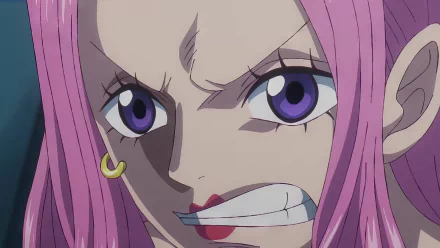 HD wallpaper of Jewelry Bonney from One Piece anime series for desktop background, featuring her distinctive pink hair and bold eyes.