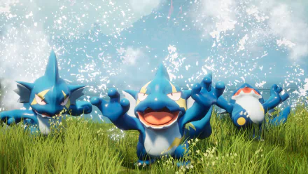 HD Palworld wallpaper featuring three creatures in a grassy field with a splash effect in the background.