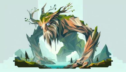 A vibrant HD desktop wallpaper featuring a striking treant, characterized by angular shapes and a blend of greens and browns, set against a serene water backdrop.