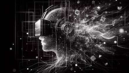 A striking black-and-white HD desktop wallpaper featuring a profile silhouette of a person in virtual reality, surrounded by abstract shapes and digital elements.