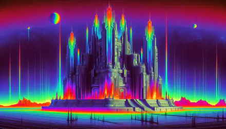 A vibrant sci-fi castle stands majestically against a cosmic backdrop, featuring colorful spires and radiant light, serving as an eye-catching HD desktop wallpaper and background.