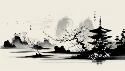 HD wallpaper featuring a monochrome traditional Asian ink landscape with misty mountains, a pagoda, lake, and blossoming trees.