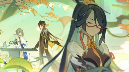 HD desktop wallpaper featuring Xianyun from Genshin Impact with autumn leaves and two characters in the background for a serene gaming atmosphere.