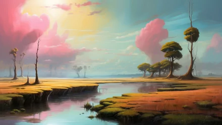 HD desktop wallpaper featuring a serene marsh scene with reflective water and whimsical trees under a pastel sky.