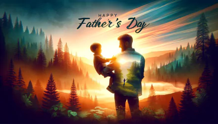 Happy Father's Day desktop wallpaper featuring a silhouette of a father holding a child in a scenic forest at sunset.