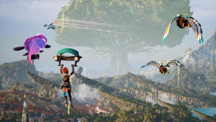 HD desktop wallpaper from the video game Palworld featuring a character gliding through a vibrant landscape with flying creatures and a majestic tree in the background.