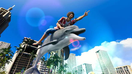 High-definition desktop wallpaper featuring a Like a Dragon: Infinite Wealth game scene with character riding a dolphin
