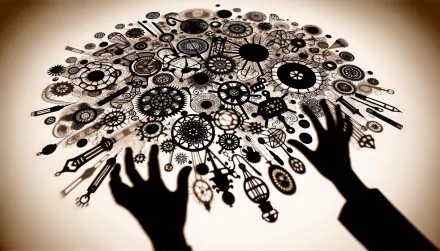 Silhouette of hands reaching towards a burst of intricate gears and cogs, symbolizing creativity and experiment, in a sepia-toned HD desktop wallpaper background.