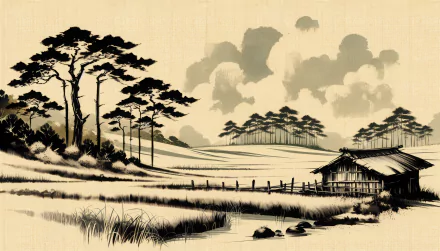HD desktop wallpaper featuring a tranquil Asian-style pastoral scene with traditional ink painting aesthetic.