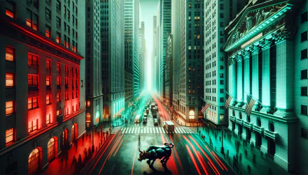HD Wall Street themed desktop wallpaper featuring a bull statue with dynamic light trails on the street.