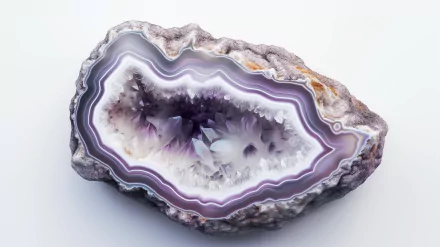 A stunning geode with intricate layers of purple and white crystals, captured in high definition, serves as an exquisite desktop wallpaper and background.
