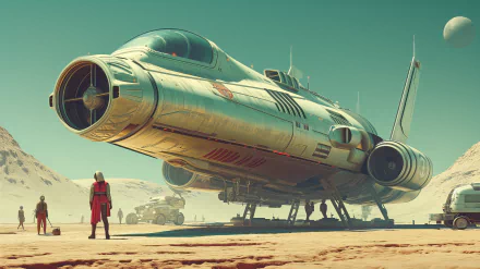 HD desktop wallpaper featuring a retro-futuristic sci-fi scene with a sleek spaceship landed on a desert-like planet and a person in a red suit observing it.
