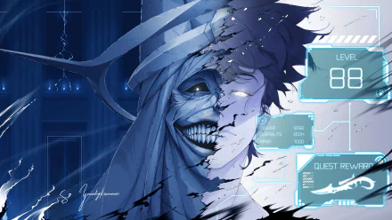 HD anime desktop wallpaper featuring Sung Jin-Woo as the Statue of God from Solo Leveling, with digital elements displaying level 88 and quest rewards.