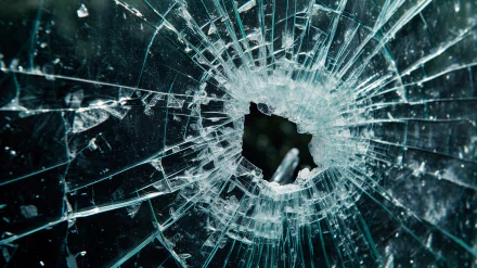High-definition desktop wallpaper featuring broken glass with a dramatic shattered pattern and a central hole, creating a striking and textured visual effect.