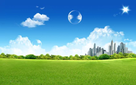 HD wallpaper of a vibrant green field with Frutiger Aero city skyline, transparent bubbles, and a bright blue sky with fluffy clouds and shining sun.