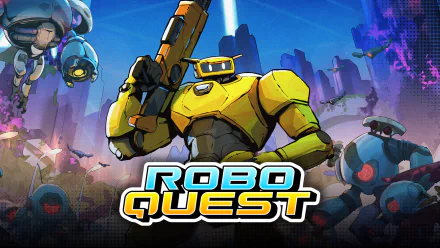 HD Roboquest video game wallpaper featuring dynamic robot characters and logo for desktop background.