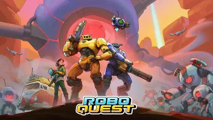 Roboquest HD Wallpaper featuring action-packed gameplay with characters and robots for desktop background.