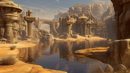 HD wallpaper featuring a serene desert oasis with ancient ruins and tranquil waters framed by rocky outcrops.