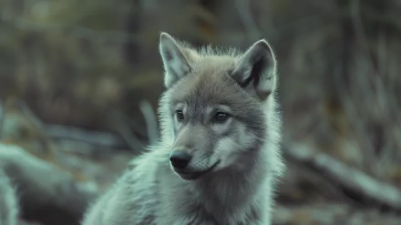 A tranquil close-up of a wolf cub set against a natural backdrop, capturing its curious expression. This high-definition image serves as an engaging desktop wallpaper.
