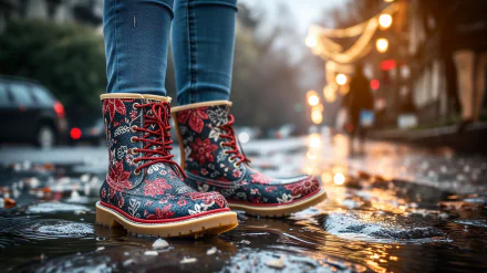 HD wallpaper of rain boots standing in a puddle on a rainy street, reflecting city lights.