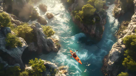 Kayaker navigating through a serene tropical river surrounded by rocky cliffs and lush foliage - HD wallpaper background.