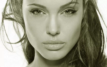 High-definition desktop wallpaper featuring a close-up portrait of Angelina Jolie with a serene expression and wispy hair framing her face.