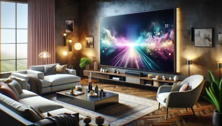 HD wallpaper of a stylish interior with a large TV displaying cosmic imagery, set in a cozy home design.