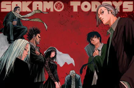 HD desktop wallpaper featuring characters from the manga Sakamoto Days set against a red background.