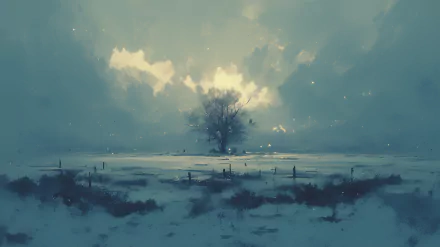 HD wallpaper of a winter landscape with a lone tree amid a snowy field and soft sunbeams piercing through the clouds.