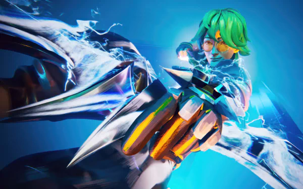 HD League of Legends wallpaper featuring the champion Ezreal wielding the powerful Heartsteel, set against an electrifying blue background.