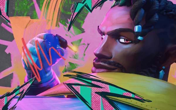 High-definition desktop wallpaper featuring League of Legends character K'Sante with the powerful Heartsteel weapon, set against a dynamic and vibrant abstract background.
