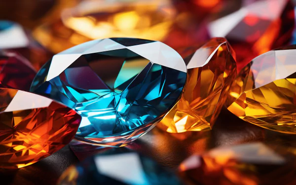 HD wallpaper featuring a vibrant collection of gemstones including a blue sapphire and yellow topaz, with a sparkling diamond in focus.