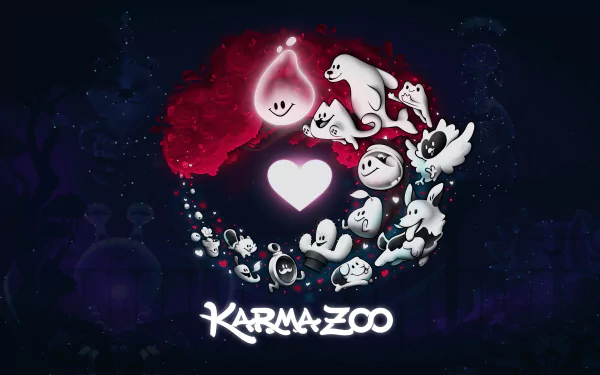 HD desktop wallpaper for the video game KarmaZoo, featuring whimsical cartoon animals arranged around a glowing heart, set against a dark, mystical background.