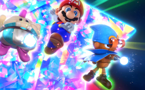 HD desktop wallpaper featuring characters from Super Mario RPG (2023), including Mario and his allies, set against a vibrant, colorful crystal background.