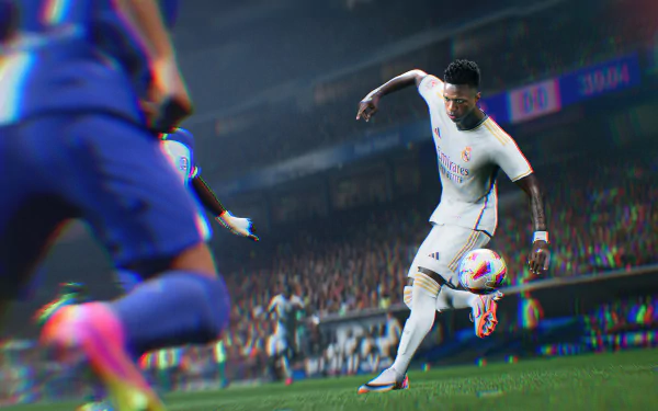 Vinícius Júnior in action on the EA SPORTS FC 24 HD desktop wallpaper, showcasing dynamic gameplay scene with vivid graphics.