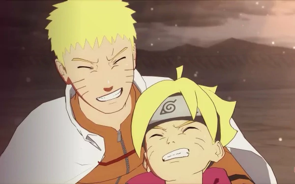 HD wallpaper of a heartwarming scene from NARUTO X BORUTO Ultimate Ninja STORM CONNECTIONS featuring two animated characters, with one smiling broadly and the other making a playful face.