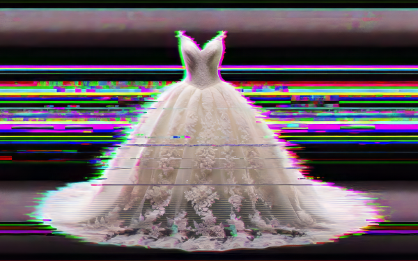 Elegant wedding dress with glitch art effect on HD desktop wallpaper background.