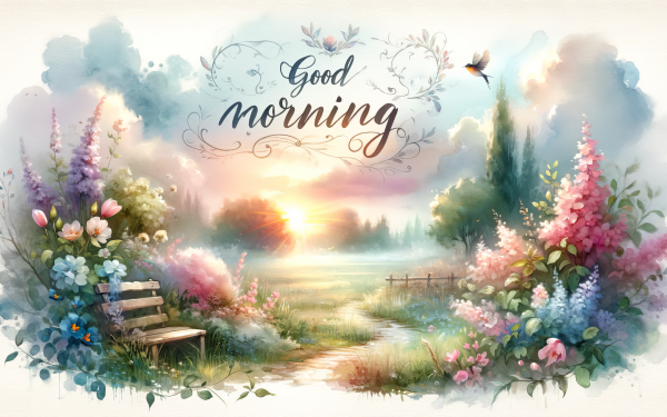 Alt Text: Good morning written in elegant script on a tranquil sunrise landscape HD wallpaper, featuring a wooden bench, blooming flowers, and a whimsical bird, perfect for a peaceful desktop background.