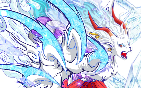 Vibrant 4K Ultra HD anime wallpaper featuring Yamato from One Piece with dynamic blue and white energy waves and a fierce, horned beast in the background.