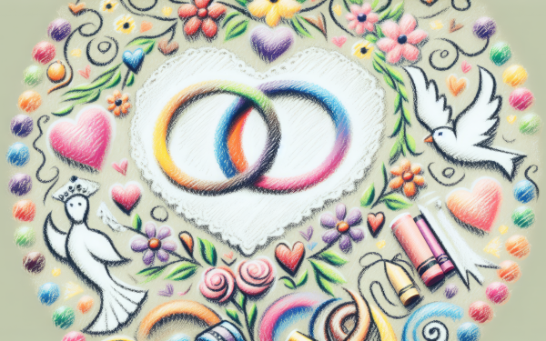 Colorful wedding-themed HD wallpaper featuring intertwined rings, white doves, and romantic hearts and flowers.