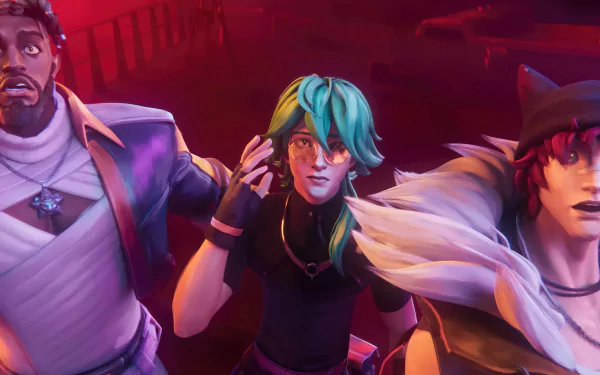 HD desktop wallpaper featuring League of Legends champions K'Sante, Ezreal, and Sett in dynamic poses with a vivid, Heartsteel-themed backdrop.
