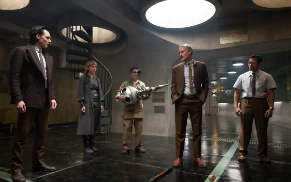 Loki series scene with main characters in a dimly lit room for HD desktop wallpaper and background.