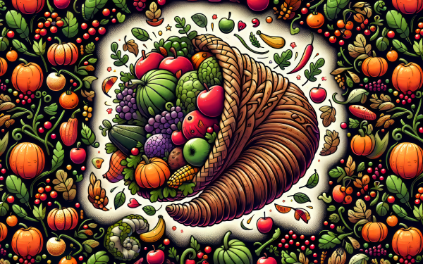 Illustration of a cornucopia overflowing with fruits and vegetables, perfect for HD desktop wallpaper and backgrounds focused on autumn and abundance.