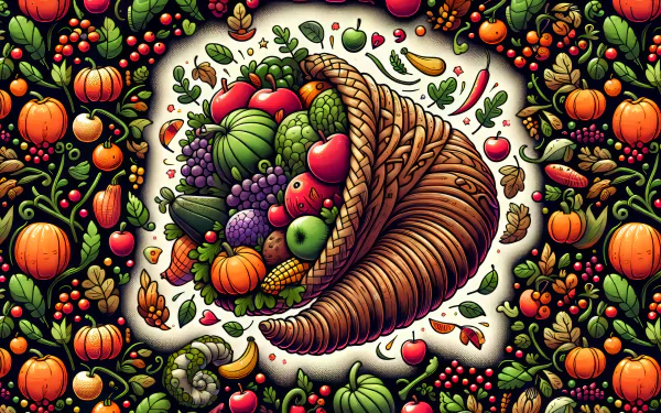 A vibrant cornucopia overflowing with fruits and vegetables, surrounded by a colorful pattern of pumpkins and foliage, creating an eye-catching HD desktop wallpaper.
