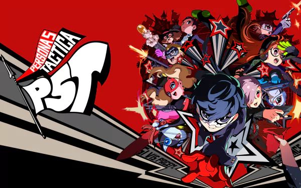 HD desktop wallpaper of Persona 5 Tactica featuring stylized characters in action poses on a dynamic red and black background.